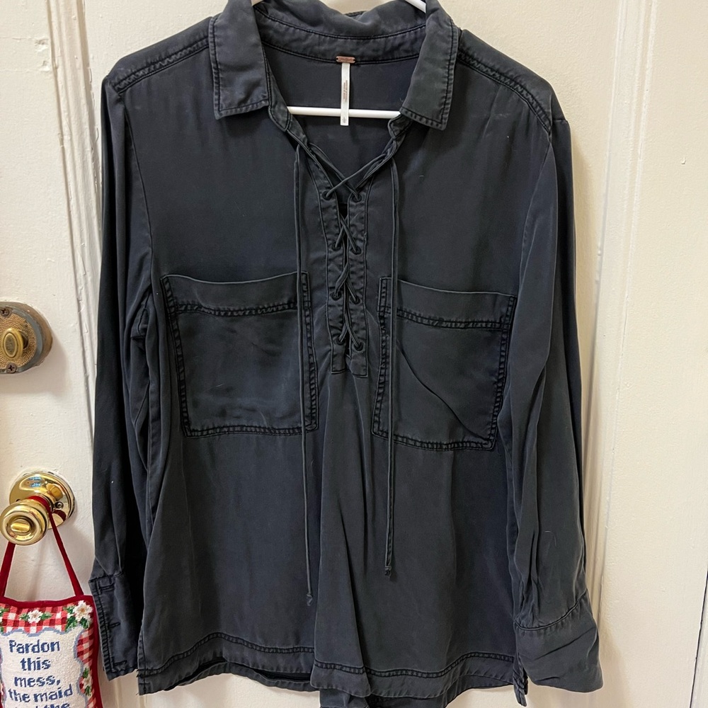 Free People washed black denim collared shirt with tie front